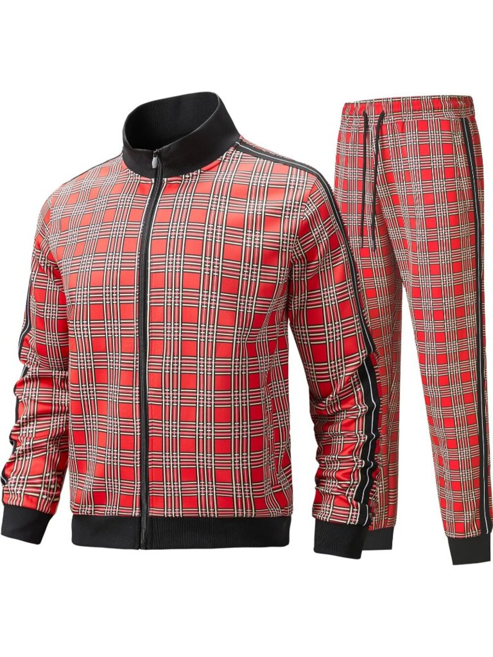 Men's Red Polyester Stand-up Collar Long Sleeve Double Side Pockets Tracksuits